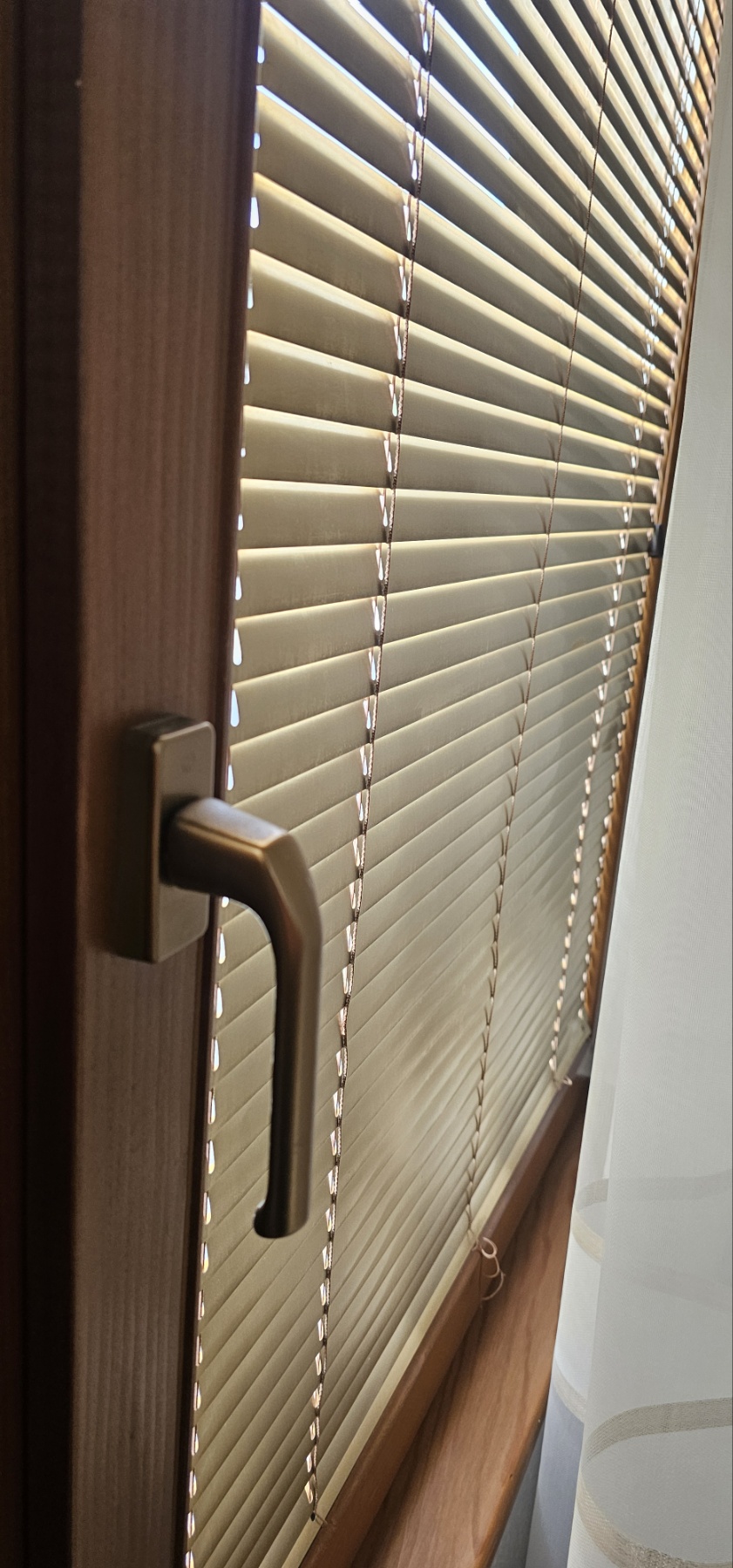 Aluminijumski venecijaneri bež boje unutar drvenog prozora s ručicom